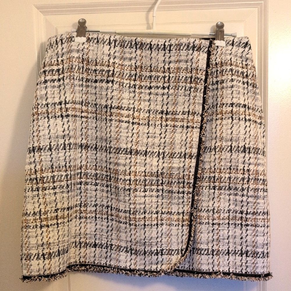 Max Studio Faux Black & White Plaid Tweed Mini Wrap Skirt